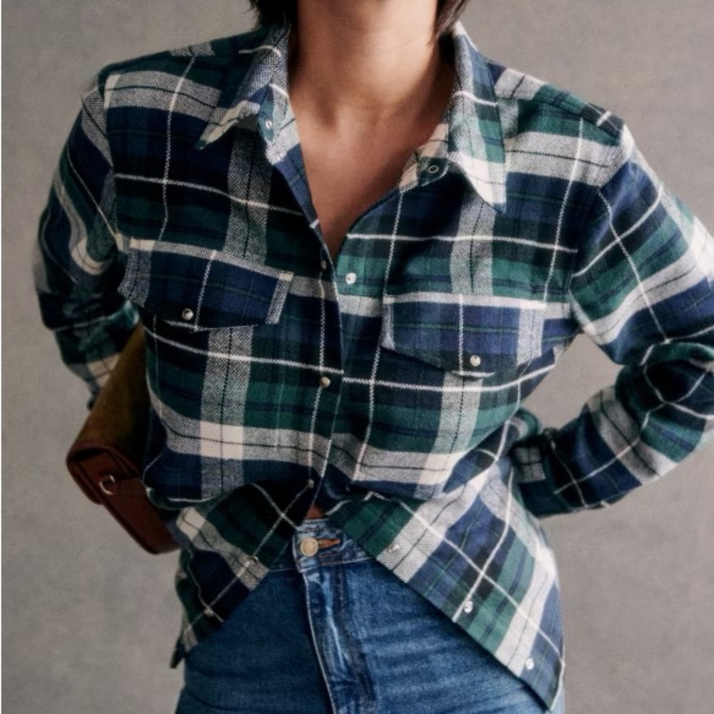 Sezane Green and Blue Plaid Button Down Shirt